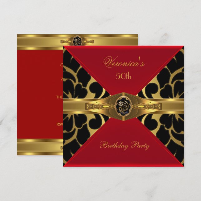 Invitación 50.º cumpleaños Red Gold Black Damask Floral Jewel (Anverso / Reverso)