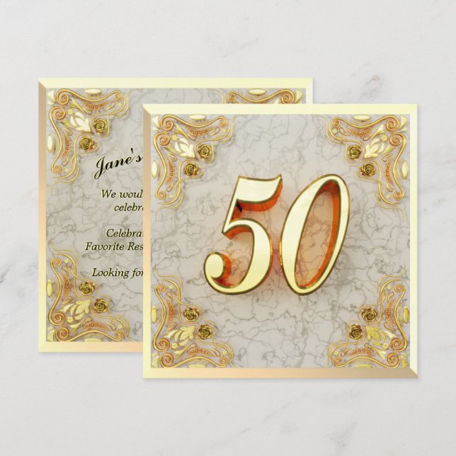 Invitación 50.º cumpleaños Regal Gold Marble Greeting o (Anverso / Reverso)