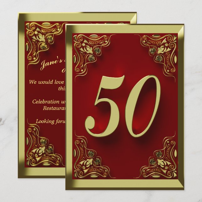 Invitación 50.º cumpleaños Regal Gold Red Greeting o (Anverso / Reverso)