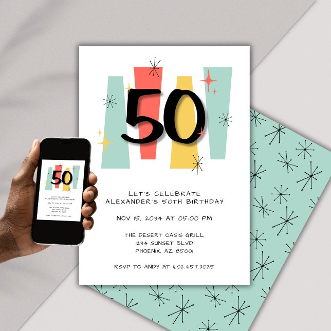Invitación 50.º cumpleaños Retro Siglo Moderno colorido (Subido por el creador)