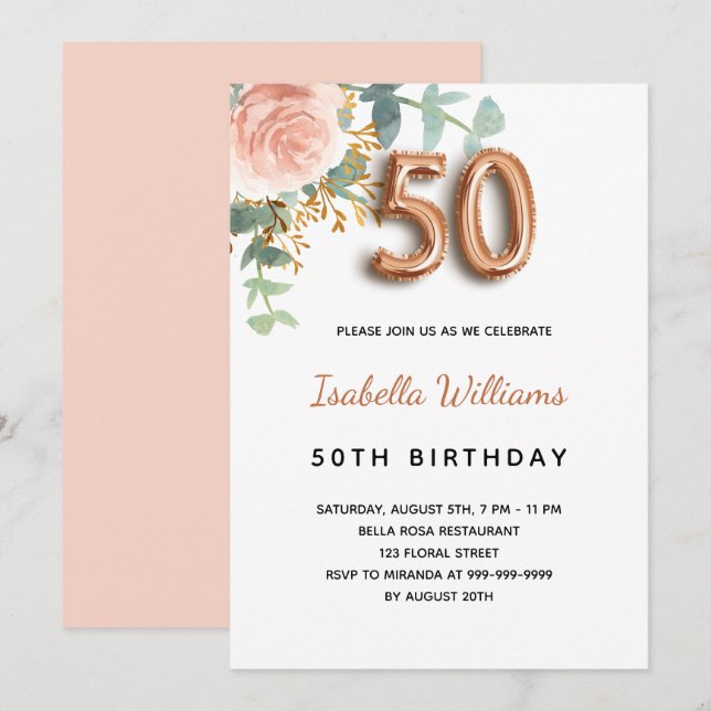 Invitación 50.º cumpleaños rosa floral oro eucalipto verde (Anverso / Reverso)