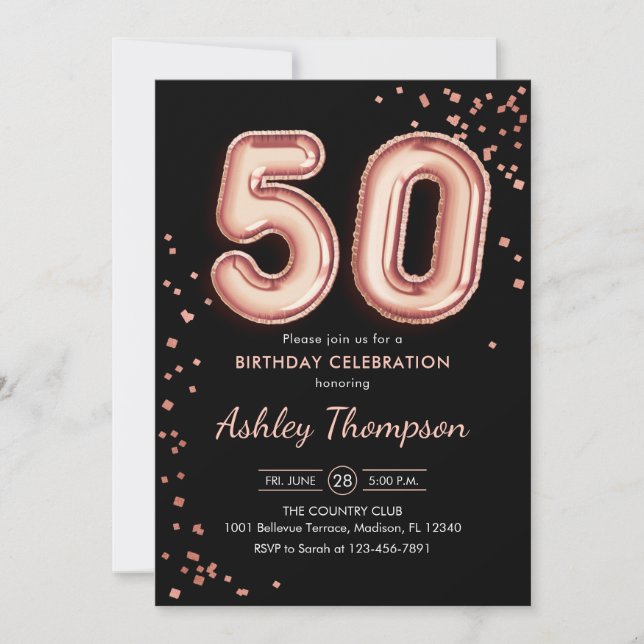 Invitación 50.º cumpleaños - Rosa Globos de Oro Negro (Anverso)