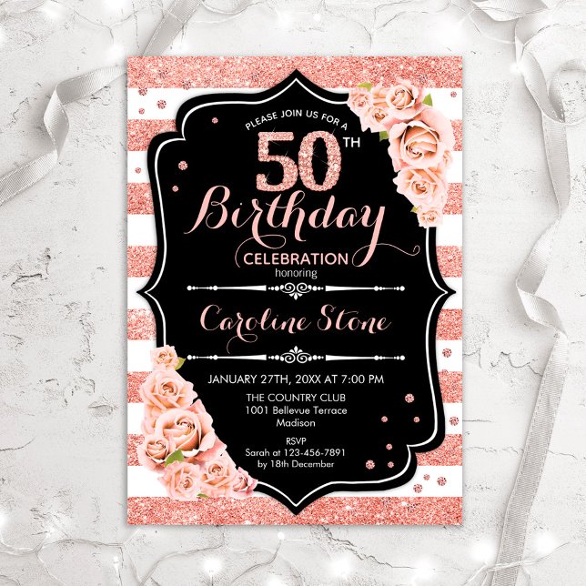 Invitación 50.º cumpleaños Rosa negro de oro y franjas blanca (Subido por el creador)