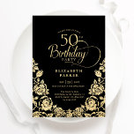 Invitación 50.º cumpleaños Rosas de oro negro<br><div class="desc">Elegante y dorada negro invitación a la fiesta de cumpleaños número 50. Diseño elegante con rosas, Relieve metalizado de oro falso y tipo de letra de guión de tipografía. La carta de invitación a la moda es perfecta para una elegante celebración de cumpleaños femenina. Personaliza con tus propios detalles. Se...</div>