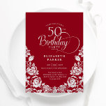 Invitación 50.º cumpleaños Rosas de Plata Roja<br><div class="desc">Elegante invitación a la fiesta de cumpleaños número 50 de plata roja. Diseño elegante con rosas, Relieve metalizado falso plateado y tipo de letra de guión tipográfico. La carta de invitación a la moda es perfecta para una elegante celebración de cumpleaños femenina. Personaliza con tus propios detalles. Se puede personalizar...</div>