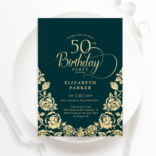 Invitación 50.º cumpleaños Rosas del oro verde esmeralda (Subido por el creador)