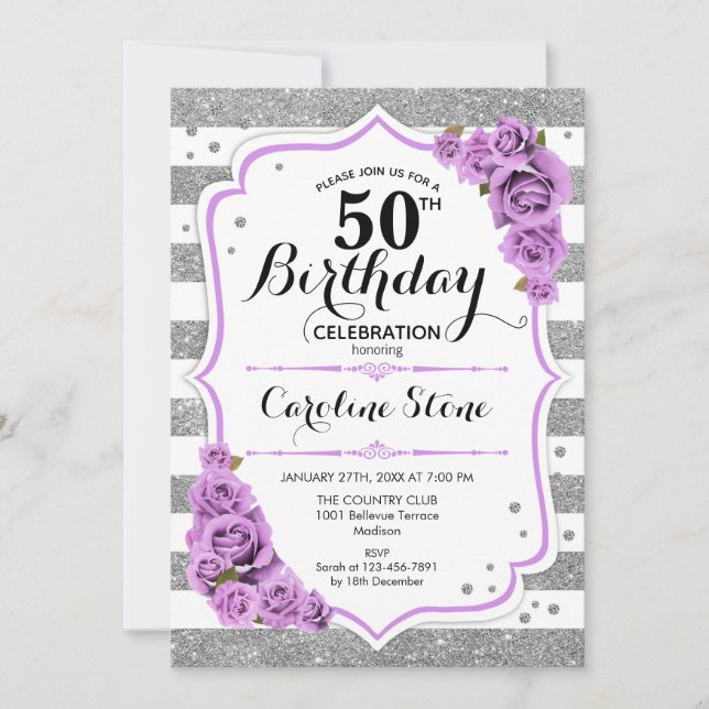 Invitación 50.º cumpleaños - Rosas morados de rayas blancas p (Anverso)