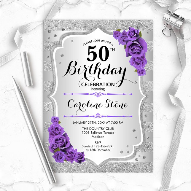 Invitación 50.º cumpleaños - Rosas morados de rayas plateadas (Subido por el creador)