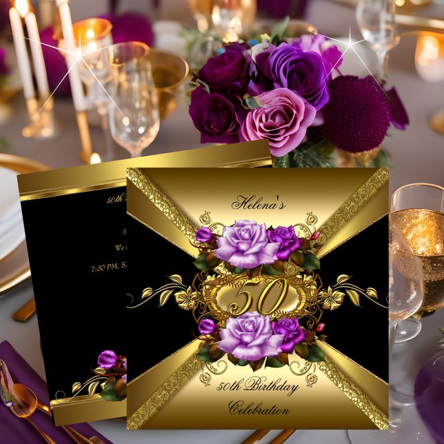 Invitación 50.º cumpleaños Rosas Purple Gold Black (Subido por el creador)