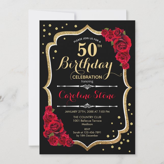 Invitación 50.º cumpleaños - Rosas rojas negras de oro (Anverso)