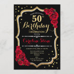 Invitación 50.º cumpleaños - Rosas rojas negras de oro<br><div class="desc">50.ª invitación a la celebración de cumpleaños. Elegante diseño negro con falso oro purpurina y rosas rojas. Perfecto para una elegante fiesta de cumpleaños. Se puede personalizar en cualquier edad.</div>