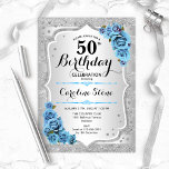 Invitación 50.º cumpleaños - Rosas Silver Stripes Icy Blue<br><div class="desc">50.ª Invitación de cumpleaños. Elegante diseño floral en plata y azul glacial. Presenta rayas de plata purpurina falsas,  rosas turquesas con letra de guión elegante y confeti. Perfecto para una fiesta de cumpleaños glam.</div>