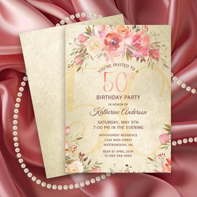Invitación 50.º cumpleaños Roses rosadas florales Fiesta de b (Elegant 50th Birthday Party Invitation with Pink roses on a gold shimmer background)