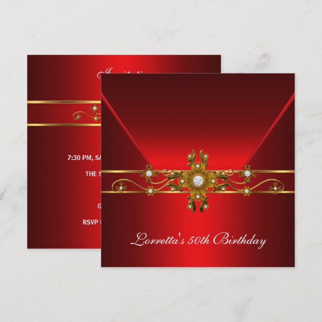 Invitación 50.º cumpleaños Royal Red Elegant Gold Jewel (Anverso / Reverso)