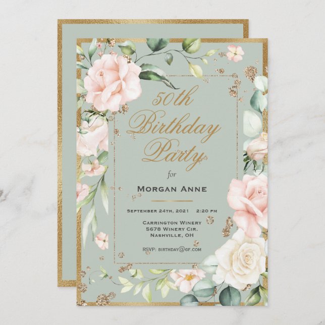 Invitación 50.º cumpleaños Sage Green Gold acuarela Floral (Anverso / Reverso)