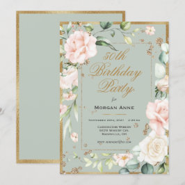 Invitación 50.º cumpleaños Sage Green Gold acuarela Floral