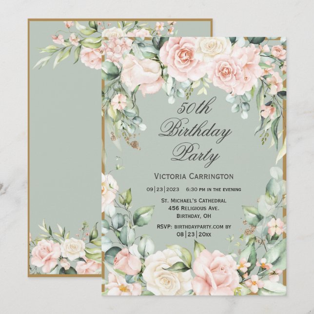 Invitación 50.º cumpleaños Sage Green Pink Rubor (Anverso / Reverso)