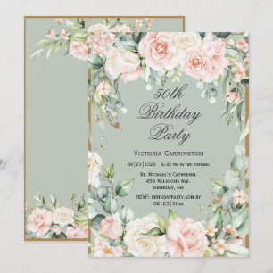 Invitación 50.º cumpleaños Sage Green Pink Rubor