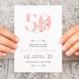 Invitación 50.º cumpleaños Sencillo rosa y floral blanca eleg