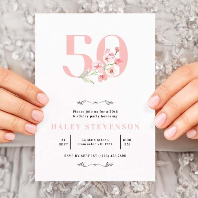 Invitación 50.º cumpleaños Sencillo rosa y floral blanca eleg (Subido por el creador)