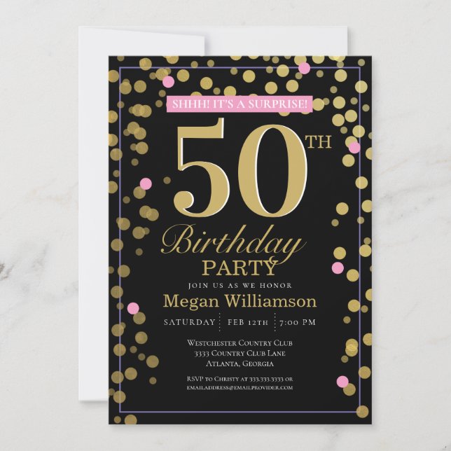 Invitación 50.º cumpleaños sorpresa de Confetti negro dorado (Anverso)