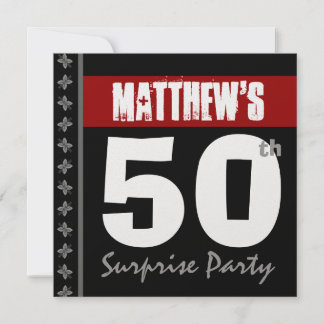 Invitación 50.º cumpleaños sorpresa rojo negro metálico