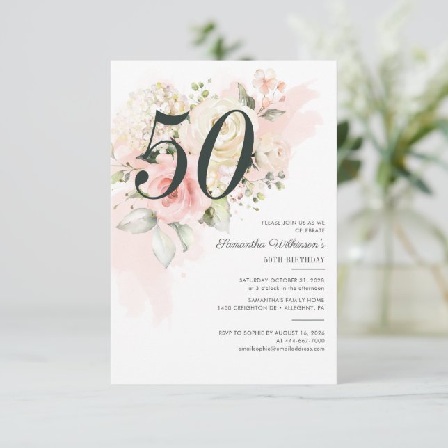 Invitación 50.º cumpleaños vegetación floral rosada botánica (Anverso de pie)