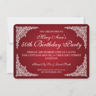 Invitación 50.º cumpleaños Vintage Swirls Red