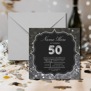 Invitación 50.º elegante cumpleaños negro plateado