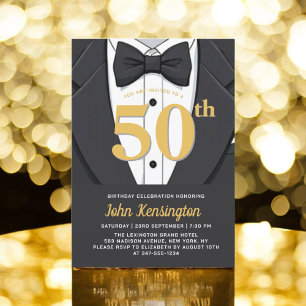 Invitación 50.º evento de cumpleaños Black and Gold Tuxedo