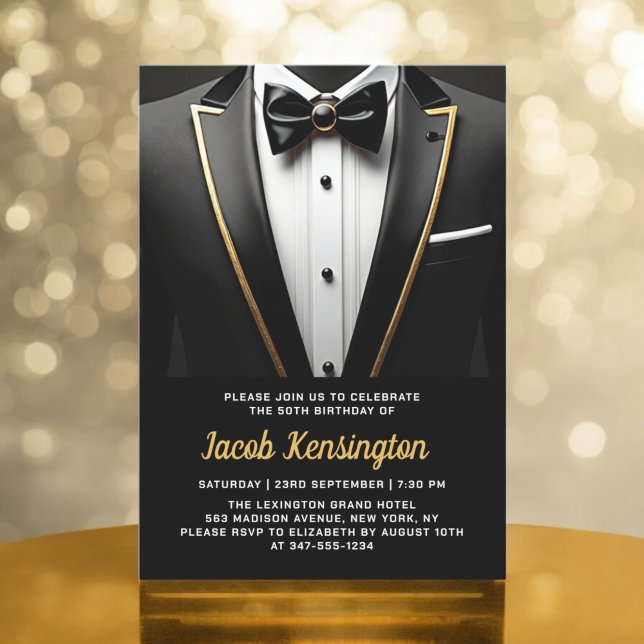 Invitación 50.º evento de cumpleaños Black and Gold Tuxedo (Subido por el creador)