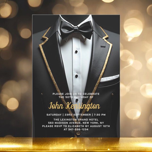 Invitación 50.º evento de cumpleaños Black and Gold Tuxedo (Subido por el creador)