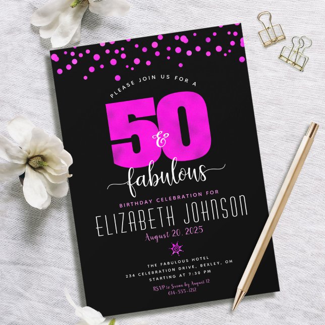Invitación 50.º fabuloso cumpleaños Relieve metalizado rosado (Subido por el creador)