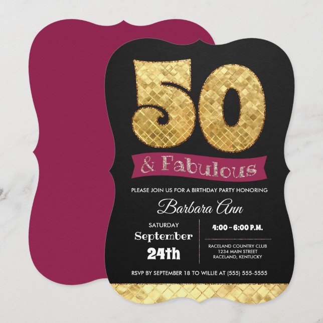 Invitación 50.º fabuloso oro y rosado 50 cumpleaños (Anverso / Reverso)