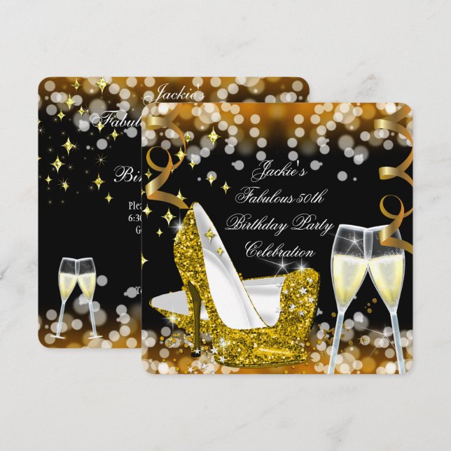 Invitación 50.º Fabuloso Purpurina de Oro High Heels Cumpleañ (Anverso / Reverso)
