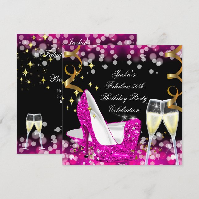 Invitación 50.º Fabuloso Purpurina Hot Pink High Heel Cumplea (Anverso / Reverso)