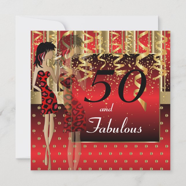 Invitación 50.º Fiesta Chica Bash | Rojo y Oro (Anverso)