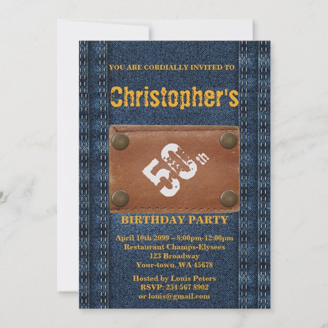 Invitación 50.º, fiesta de cumpleaños, estilo Denim de invita (Anverso)