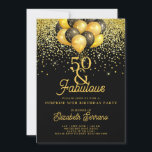Invitación 50.º Fiesta de la sorpresa de cumpleaños Purpurina<br><div class="desc">Una elegante y sorprendente fiesta de cumpleaños número 50 en una invitación de oro en negro con purpurina de oro y globos dorados y negros. Moderno y elegante.</div>