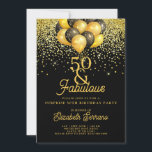 Invitación 50.º Fiesta de la sorpresa de cumpleaños Purpurina<br><div class="desc">Una elegante y sorprendente fiesta de cumpleaños número 50 en una invitación de oro en negro con purpurina de oro y globos dorados y negros. Moderno y elegante.</div>