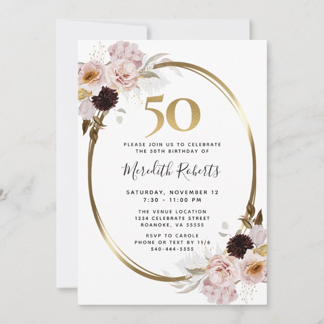 Invitación 50.º Fiesta de oro de Rosas de cumpleaños (Anverso)
