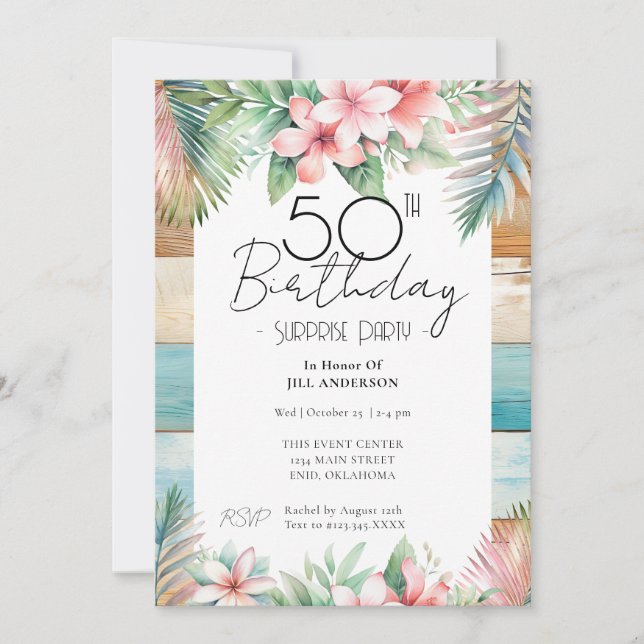 Invitación 50.º Fiesta de sorpresa de cumpleaños tropical (Anverso)
