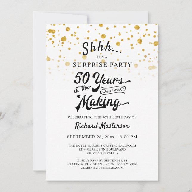 Invitación 50.º Fiesta de sorpresas Retro Gold Confetti (Anverso)