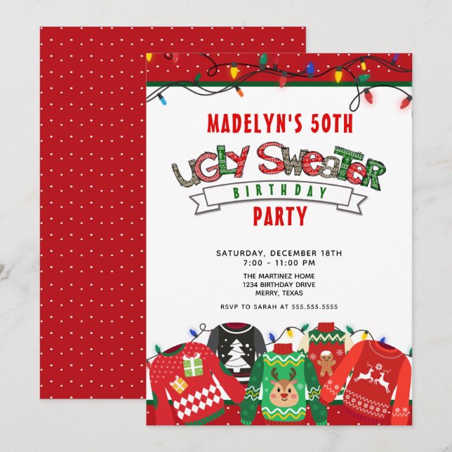 Invitación 50.º Fiesta de suéter feo de cumpleaños (Anverso / Reverso)