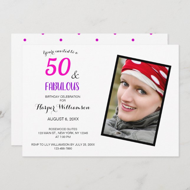 Invitación 50.º Fiesta Elegante Púrpura Rosa (Anverso / Reverso)