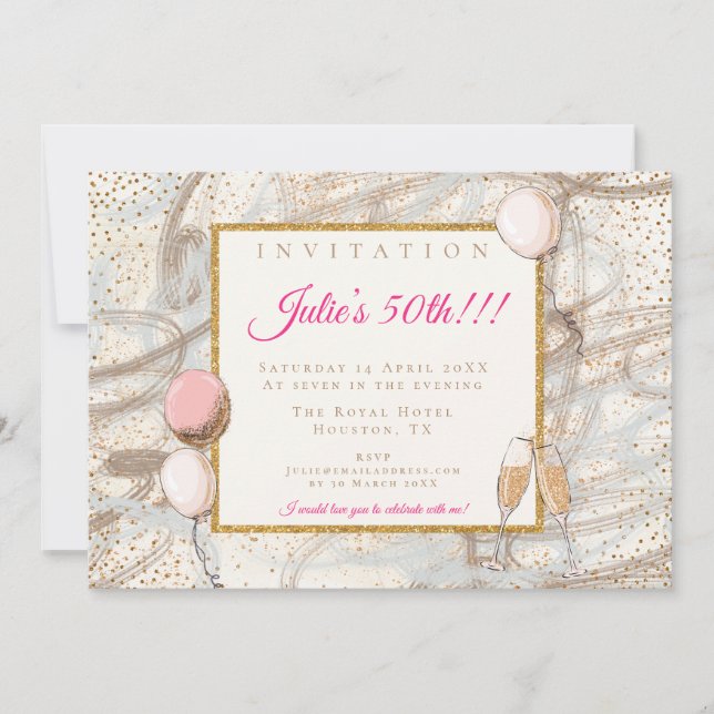 Invitación 50.º Fiesta Glamuroso de oro de flautas de confeti (Anverso)