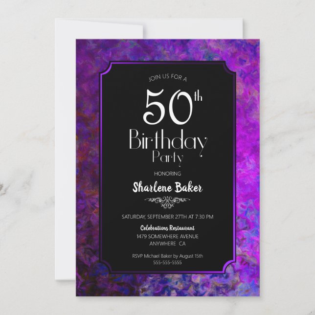 Invitación 50.º Fiesta morado y negro (Anverso)
