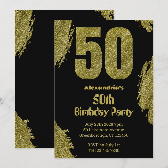 Invitación 50.º fiesta purpurina de oro negro (Anverso / Reverso)