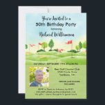 Invitación 50.º Fotomontaje de Fiesta del Cumpleaños de los H<br><div class="desc">Esta fiesta festiva y colorida 50 cumpleaños tiene un tema de golf y es ideal para un golfista. Cuenta con un carrito de golf con clubes de golf en un campo de golf, Mucho por personalizar para hacer apropiado para su propio evento así como una foto. Tenemos todos los ingredientes...</div>