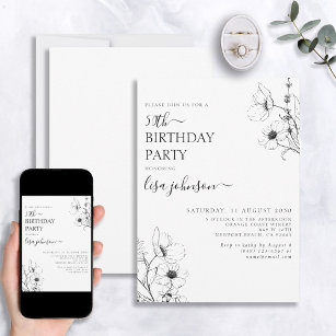 Invitación 50.º guión de cumpleaños floral blanca negra
